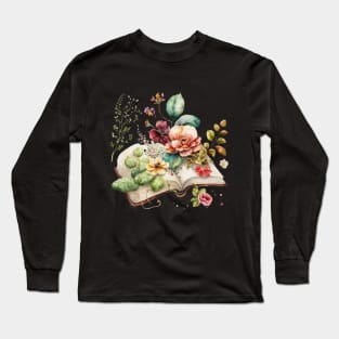 Book lover gift with watercolor flowers Long Sleeve T-Shirt